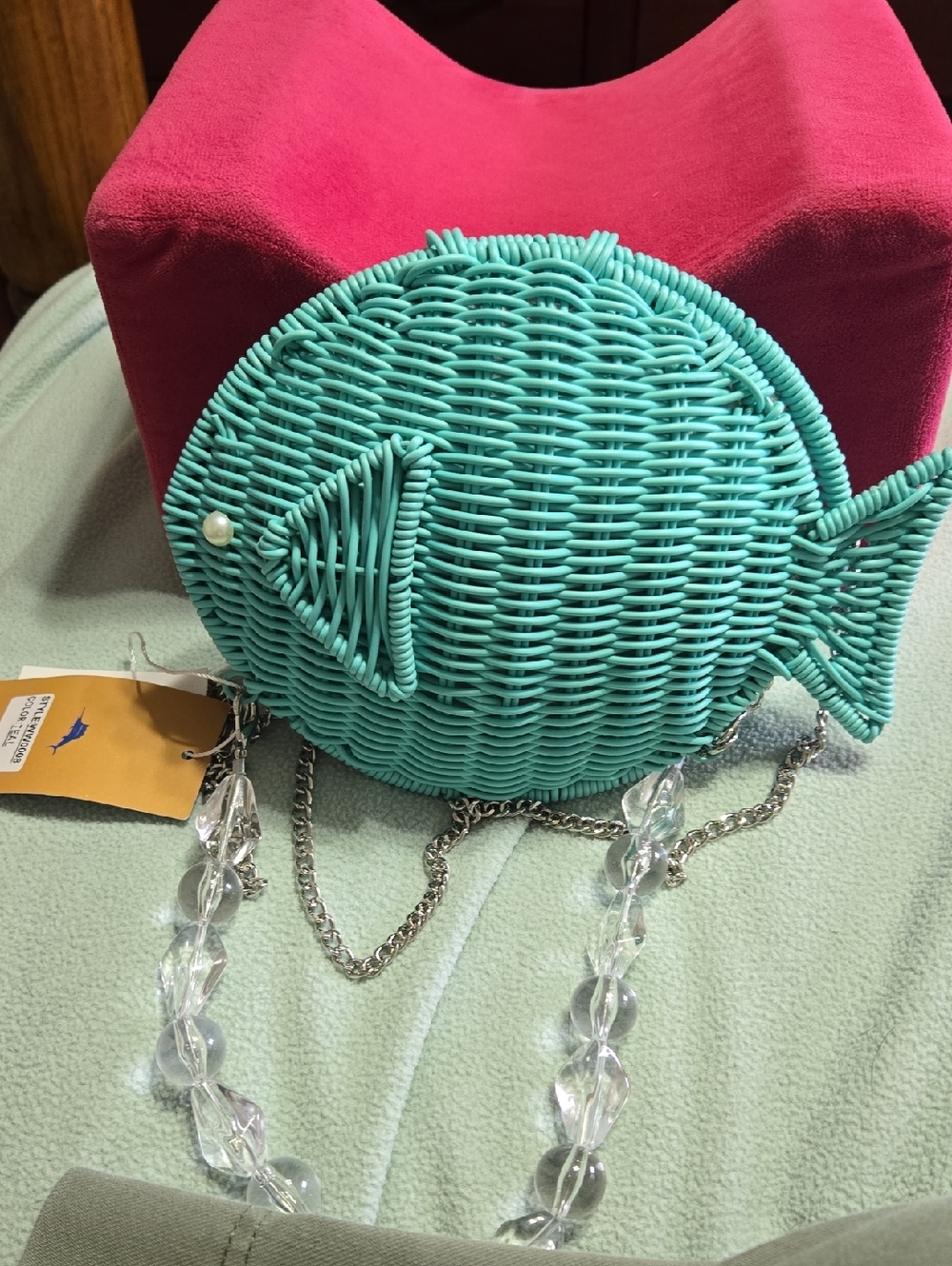 Tommy Bahama Turquoise Wicker Crossbody Bag with Acrylic Bead Strap
